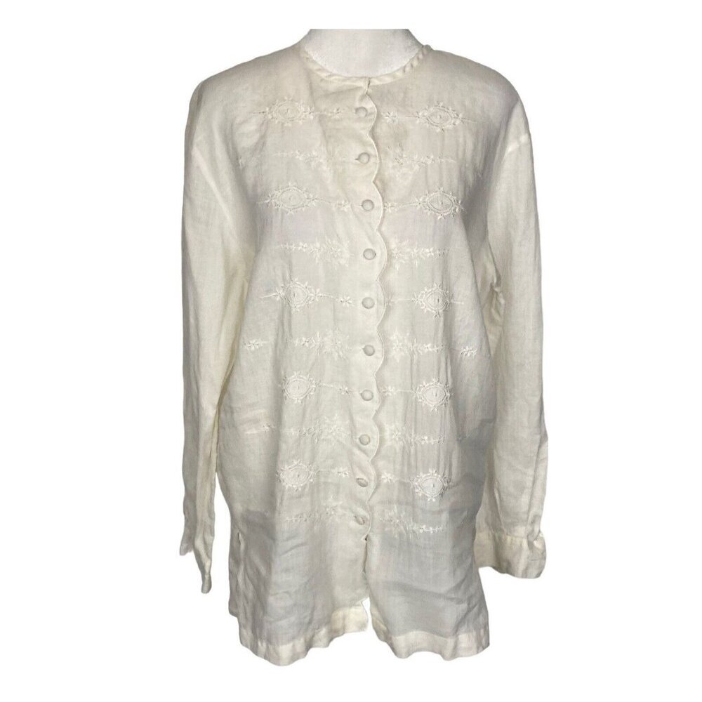 Vtg TESS Women‎ Ramie Tunic Blouse Sz S White Long Sleeves Button Front 12-1
